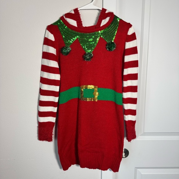 It’s Our Time Ugly Christmas Sweater Size Medium Elf Red Green Holiday Sequins - Picture 1 of 10